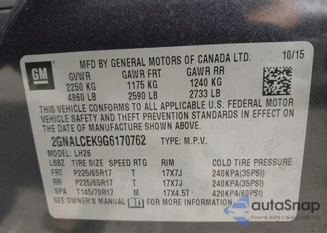 2016 Chevrolet Equinox Lt from USA, damaged, VIN 2GNALCEK9G6170762